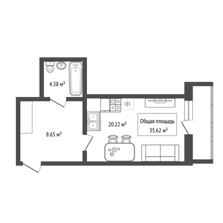 
  Продается студия 35.62 м². Фото 1.