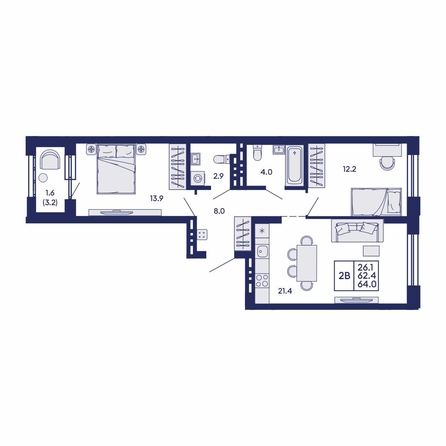 
  Продается 2-комн. квартира 64 м², в ЖК Сила леса, корп 2. Фото 1.