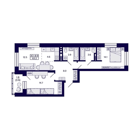 
  Продается 3-комн. квартира 63.2 м², в ЖК Сподвижники, дом 1. Фото 1.