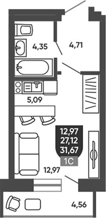 
  Продается студия 28.02 м², в ЖК Ермак. Фото 1.