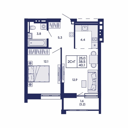
  Продается 2-комн. квартира 40.1 м², в ЖК Горизонт, дом 2. Фото 1.