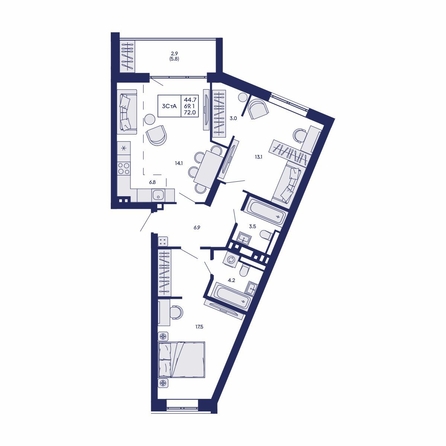 
  Продается 3-комн. квартира 72 м², в ЖК Горизонт, дом 2. Фото 1.