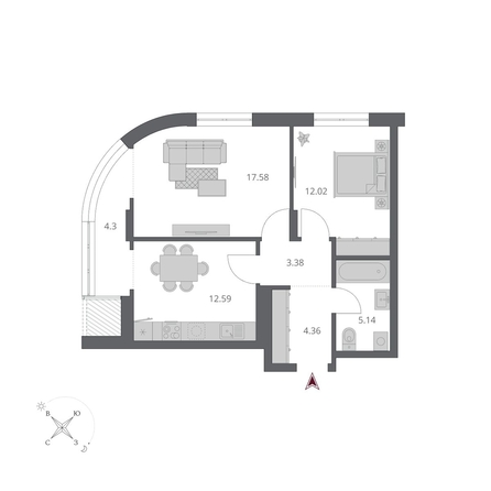 
  Продается 3-комн. квартира 59.64 м², в ЖК Беринг, дом 3. Фото 1.