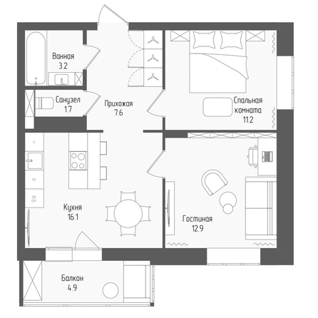
  Продается 3-комн. квартира 54.2 м², в ЖК Тетрис, корпус 2. Фото 1.
