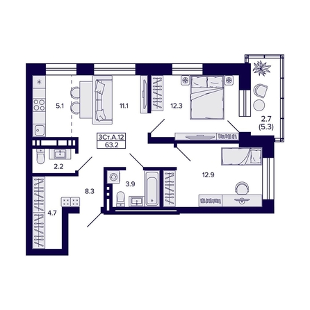 
  Продается 3-комн. квартира 63.2 м², в ЖК Сподвижники, дом 1. Фото 1.