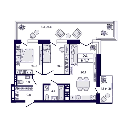 
  Продается 2-комн. квартира 64.7 м², в ЖК Луна. Фото 1.