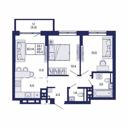 
  Продается 3-комн. квартира 50.2 м², в ЖК Горизонт, дом 2. Фото 1.