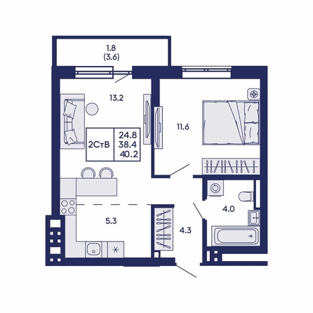
  Продается 2-комн. квартира 40.2 м², в ЖК Горизонт, дом 2. Фото 1.