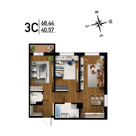 
  Продается 3-комн. квартира 68.44 м², в ЖК Радуга Сибири, дом 10. Фото 1.