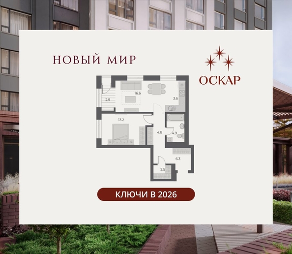 
  Продается 2-комн. квартира 54.7 м², в ЖК ОСКАР, дом 1. Фото 2.