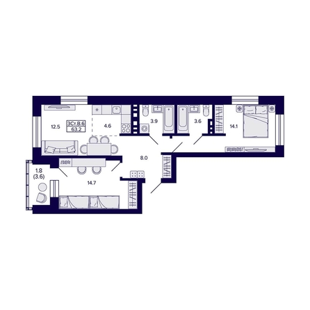 
  Продается 3-комн. квартира 63.2 м², в ЖК Сподвижники, дом 1. Фото 1.