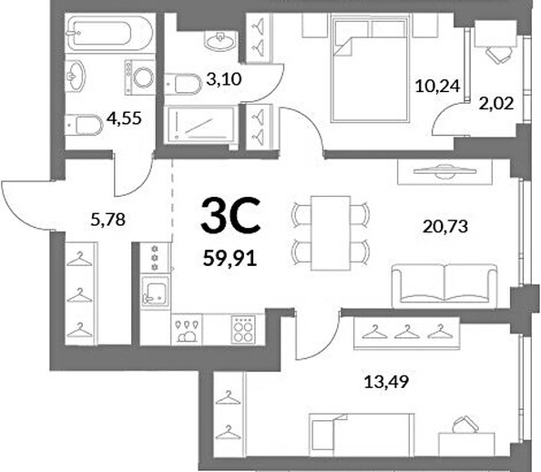 
  Продается 2-комн. квартира 57.89 м², в ЖК Горская Лагуна. Фото 1.