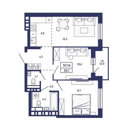 
  Продается 3-комн. квартира 55.1 м², в ЖК Сподвижники, дом 3. Фото 1.