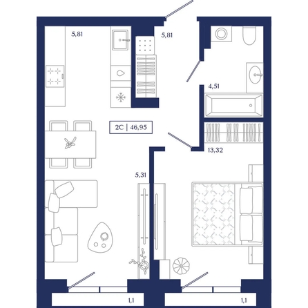 
  Продается 1-комн. квартира 46.95 м², в ЖК Юнити Центр. Фото 1.