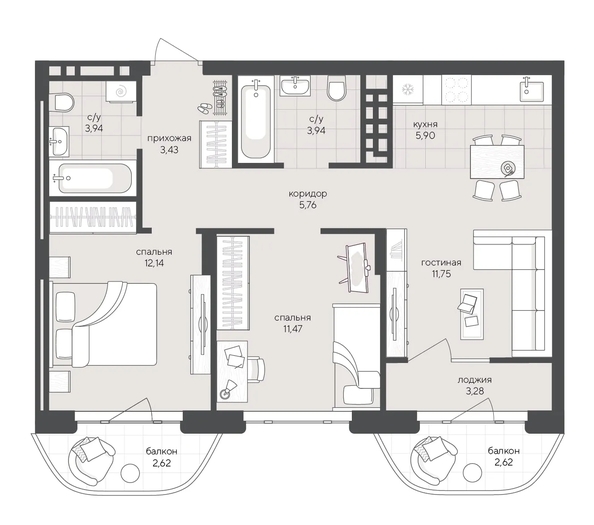 
  Продается 2-комн. квартира 66.85 м², в ЖК Новый Кедровый, дом 2. Фото 1.