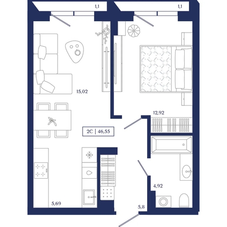 
  Продается 1-комн. квартира 46.55 м², в ЖК Юнити Центр. Фото 1.