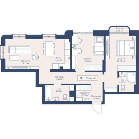 
  Продается 2-комн. квартира 70.38 м², в ЖК Виларт, дом 2. Фото 1.