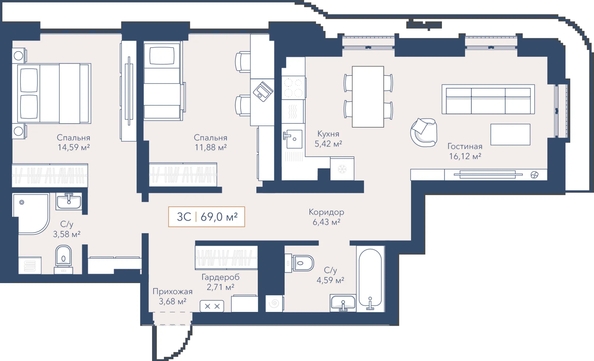 
  Продается 2-комн. квартира 68.84 м², в ЖК Виларт, дом 2. Фото 1.