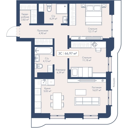 
  Продается 2-комн. квартира 66.97 м², в ЖК Виларт, дом 2. Фото 1.