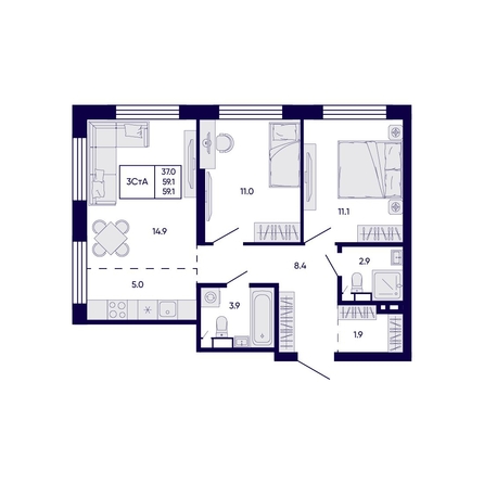 
  Продается 3-комн. квартира 59.1 м², в ЖК Цитатум. Фото 1.