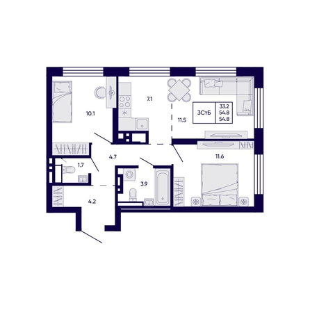 
  Продается 3-комн. квартира 54.8 м², в ЖК Цитатум. Фото 1.
