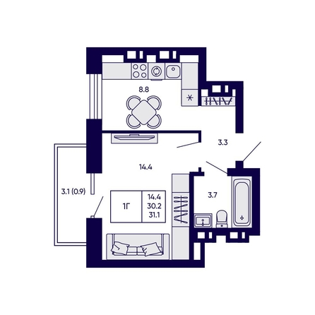 
  Продается 1-комн. квартира 31.1 м², в ЖК Грибоедовский сад. Фото 1.