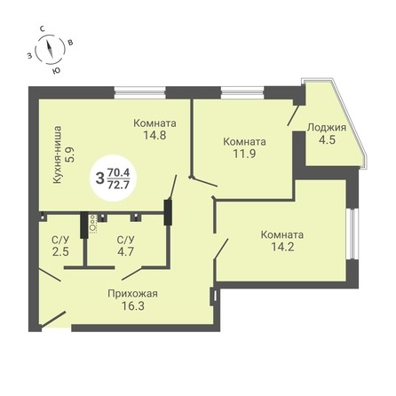 
   Продам 3-комнатную, 72.7 м², На Петухова, дом 1

. Фото 1.