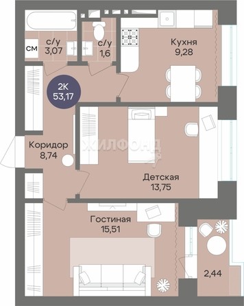 
   Продам 2-комнатную, 53.17 м², Квартал на Российской

. Фото 1.