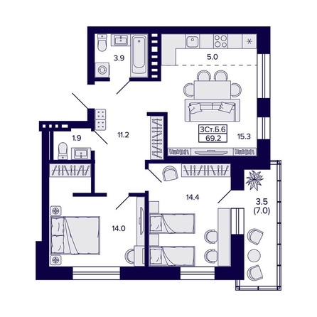 
   Продам 3-комнатную, 69.2 м², Сподвижники

. Фото 1.