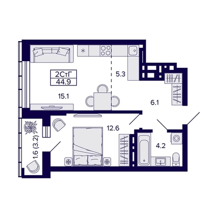 
   Продам 2-комнатную, 44.9 м², Grando (Грандо)

. Фото 1.