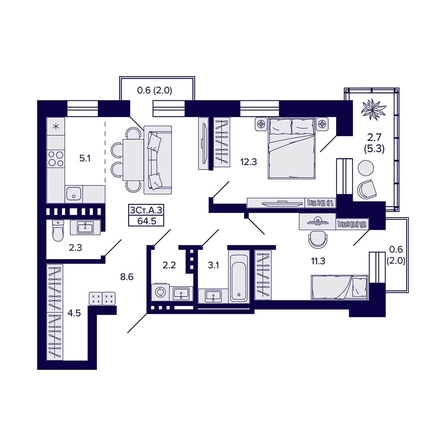 
   Продам 3-комнатную, 64.5 м², Сподвижники

. Фото 1.