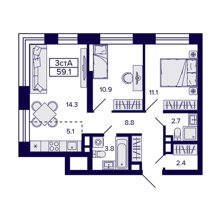 
  Продается 3-комн. квартира, 59.1 м², ЖК Citatum (Цитатум)
. Фото 2.