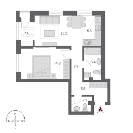 
   Продам 2-комнатную, 55.2 м², ОСКАР, дом 2

. Фото 1.