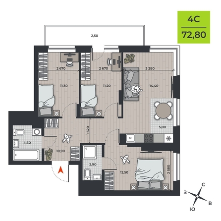 
   Продам 4-комнатную, 72.8 м², ДНК

. Фото 2.