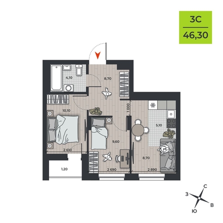 
   Продам 3-комнатную, 46.3 м², ДНК

. Фото 1.