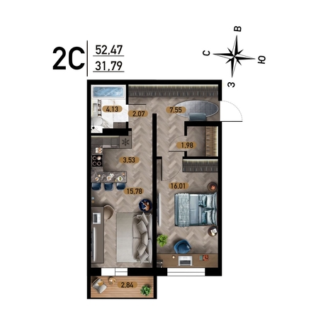 
   Продам 2-комнатную, 52.47 м², Радуга Сибири, дом 10

. Фото 1.