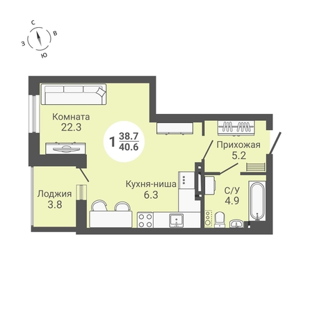 
   Продам студию, 40.6 м², Петухова ул, 172

. Фото 1.