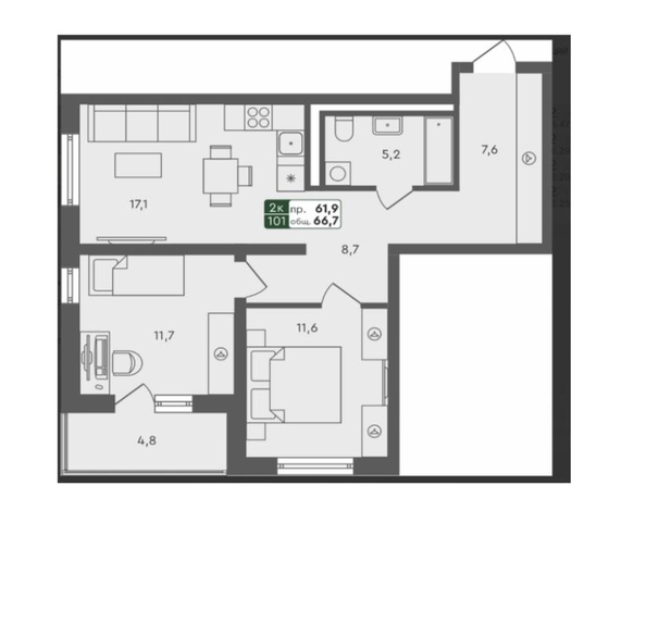 
   Продам 2-комнатную, 66.7 м², Красноярский тракт, ГП 1.1

. Фото 3.