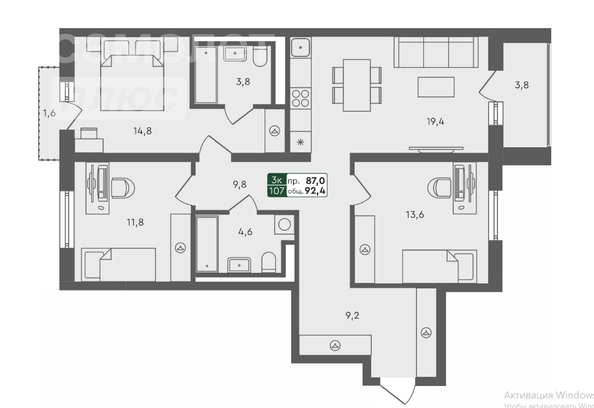 
   Продам 3-комнатную, 93 м², Красноярский тракт, 22А

. Фото 1.