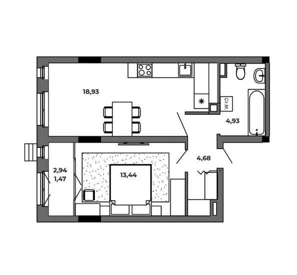 
   Продам 1-комнатную, 43.45 м², Красный Пахарь

. Фото 2.