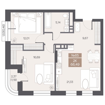 
  Продается 2-комн. квартира 66.49 м², в ЖК ЦЕНТР-ПАРК на Волочаевской. Фото 3.
