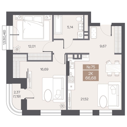 
  Продается 2-комн. квартира 66.68 м², в ЖК ЦЕНТР-ПАРК на Волочаевской. Фото 1.