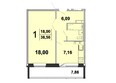 Зелёные горки, Ковалева дом 45: Планировка однокомнатной квартиры 38,58 кв.м