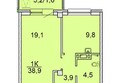 Зеленая высотка на Калинина: Планировка 1-комн 38,4 - 38,9 м²