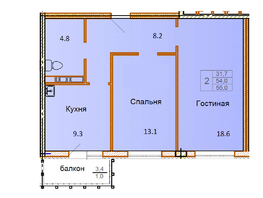 Продается 2-комнатная квартира ЖК Сибирский Двор, дом 2, 55  м², 5335000 рублей