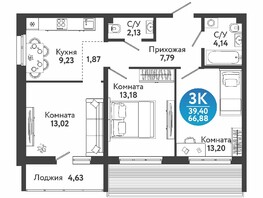 Продается 3-комнатная квартира ЖК Семейный квартал, дом 4, 66.88  м&sup2;, 7289400 рублей