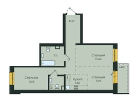 Продается 3-комнатная квартира ЖК Семья, 3 очередь, б/с 7, 71.99  м²