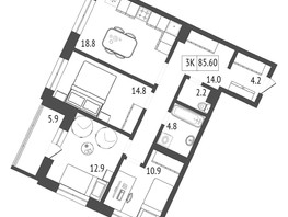 Продается 3-комнатная квартира ЖК Суриков, дом 1, 85.6  м², 11984000 рублей