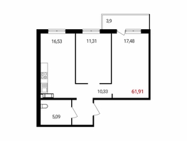 Продается 3-комнатная квартира ЖК Аринский, дом 2 корпус 1, 61.9  м², 6191000 рублей