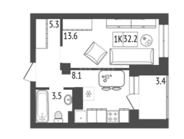 Продается 1-комнатная квартира ЖК Серебряный, дом 1 корпус 3, 32.5 м², 5000000 рублей